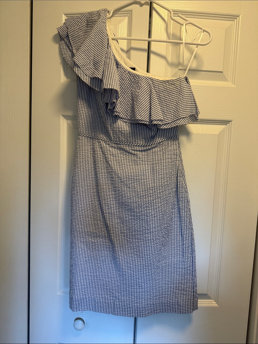 J. Crew Seersucker  Blue and White One-Shoulder Ruffle Dress